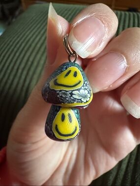Handmade Clay Smiley Mushroom Charm - Yellow Smiley Faces